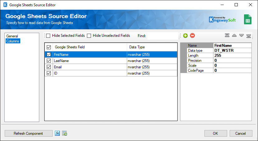 SSIS Google Sheets Source Component - Columns Page